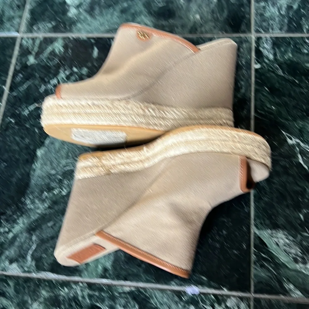 Tory Burch Tan Canvas Espadrille Wedge Mules with Brown Trim Accents